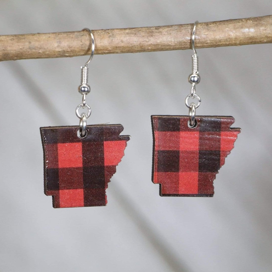 Arkansas Buffalo Plaid Wooden Earrings | State Pride Jewelry