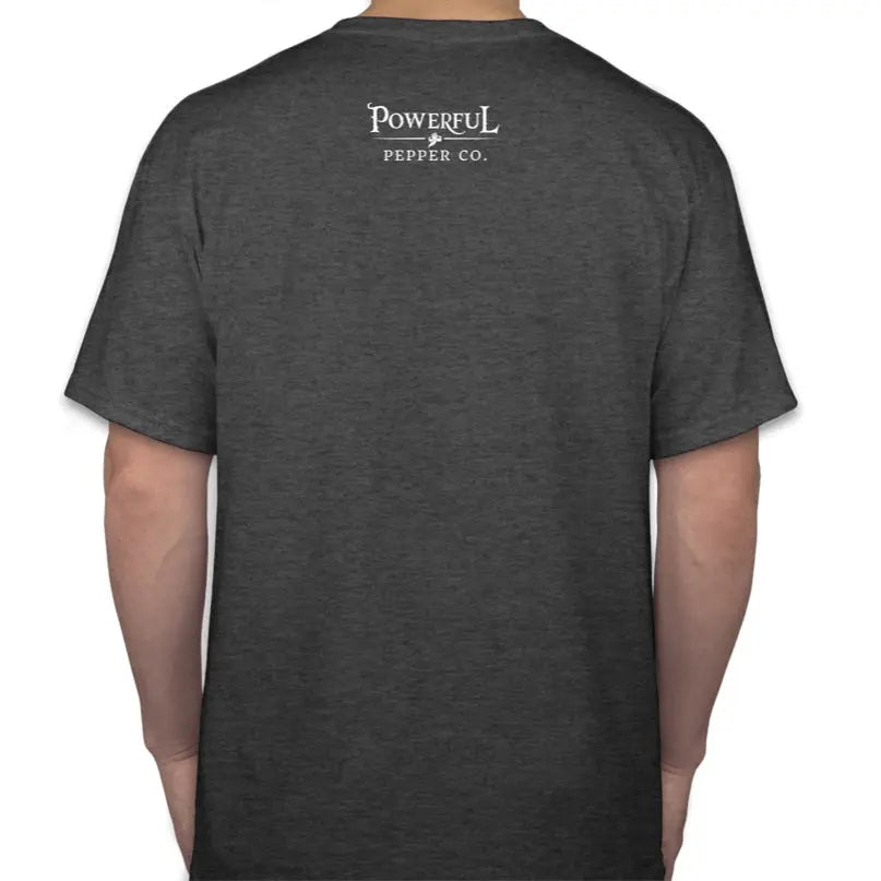Dark grey t-shirt with "Powerful Pepper Co." logo on the back.