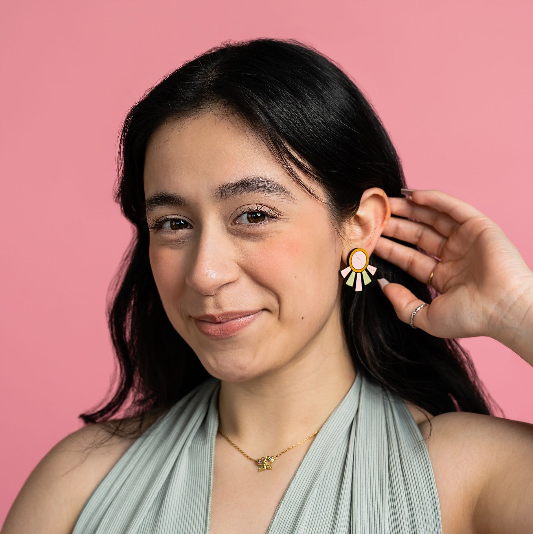 Additional view of Art Deco Pastel Stud Earrings hand painted on lightweight wood by LE CHIC MIAMI