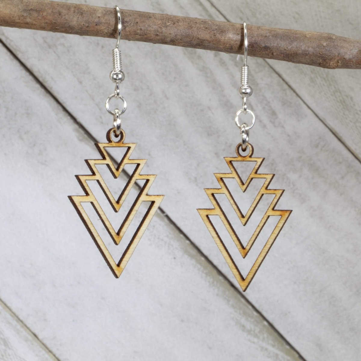 Art Deco Cascade Wooden Dangle Earrings | Geometric Jewelry detail view by Cate's Concepts, LLC