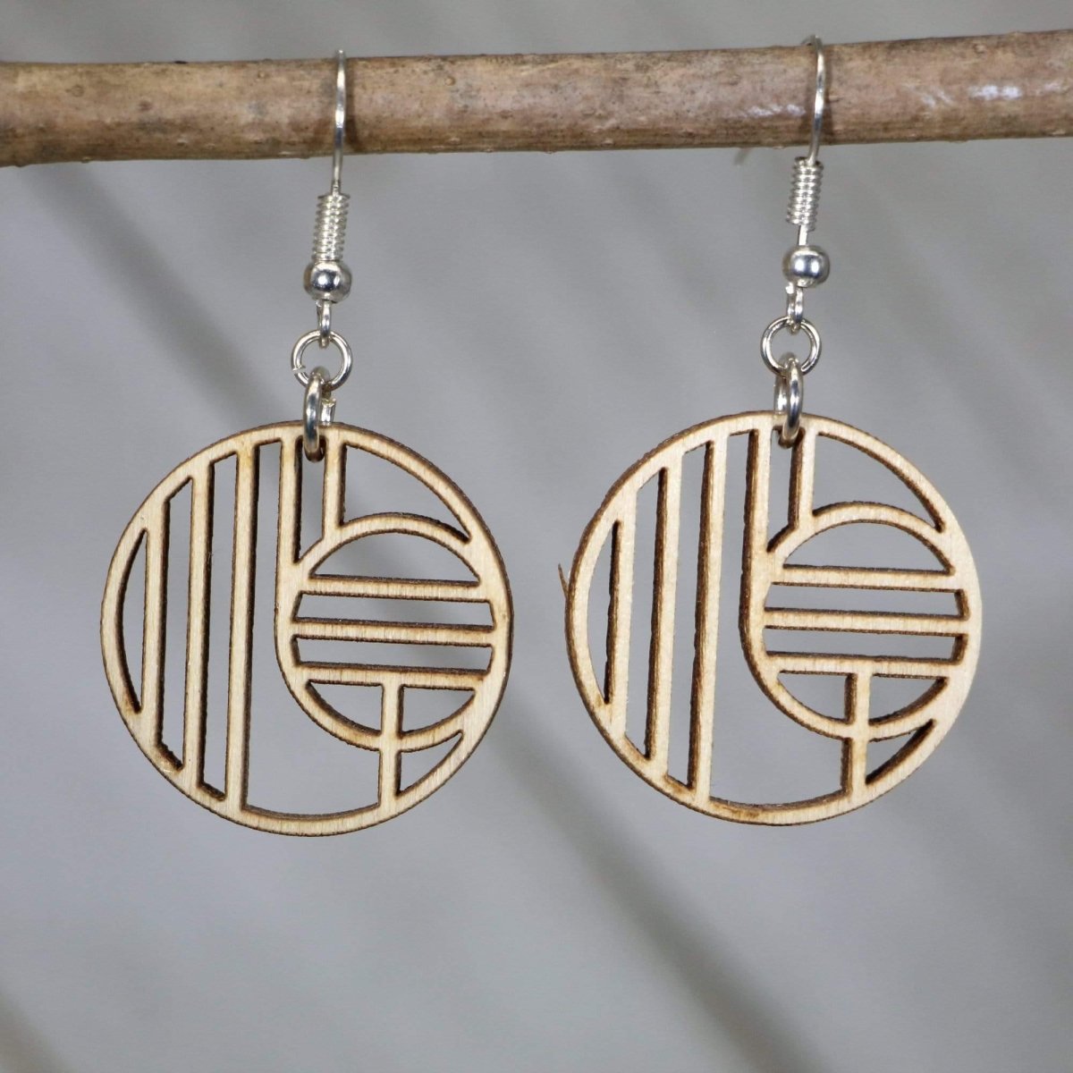 Art Deco Geometric Circle Wooden Dangle Earrings | Modern Jewelry