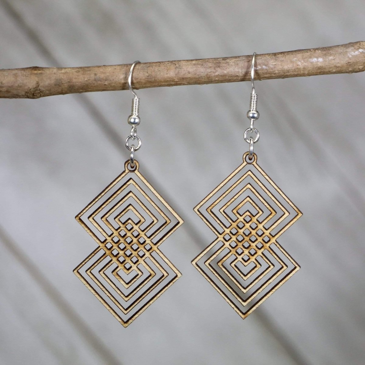 Art Deco Interlocking Diamond Wooden Dangle Earrings | Geometric Jewelry