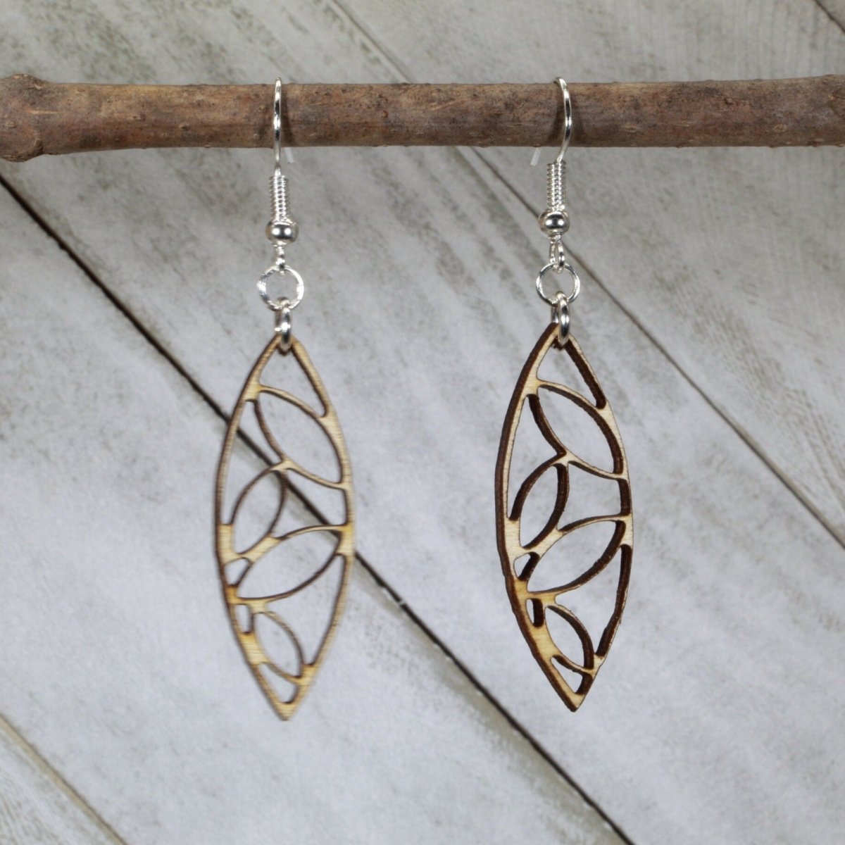 Art Deco Leaf Wooden Dangle Earrings | Geometric Nature Jewelry by Cate's Concepts, LLC, handmade jewelry main product photo