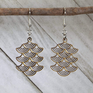 Art Deco Scallop Wooden Earrings | Geometric Vintage Jewelry