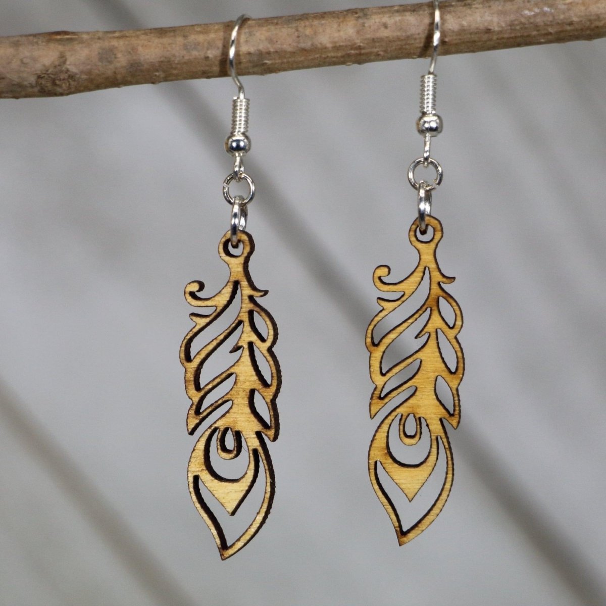 Art Nouveau Feather Wooden Dangle Earrings | Elegant Jewelry by Cate's Concepts, LLC, handmade jewelry main product photo