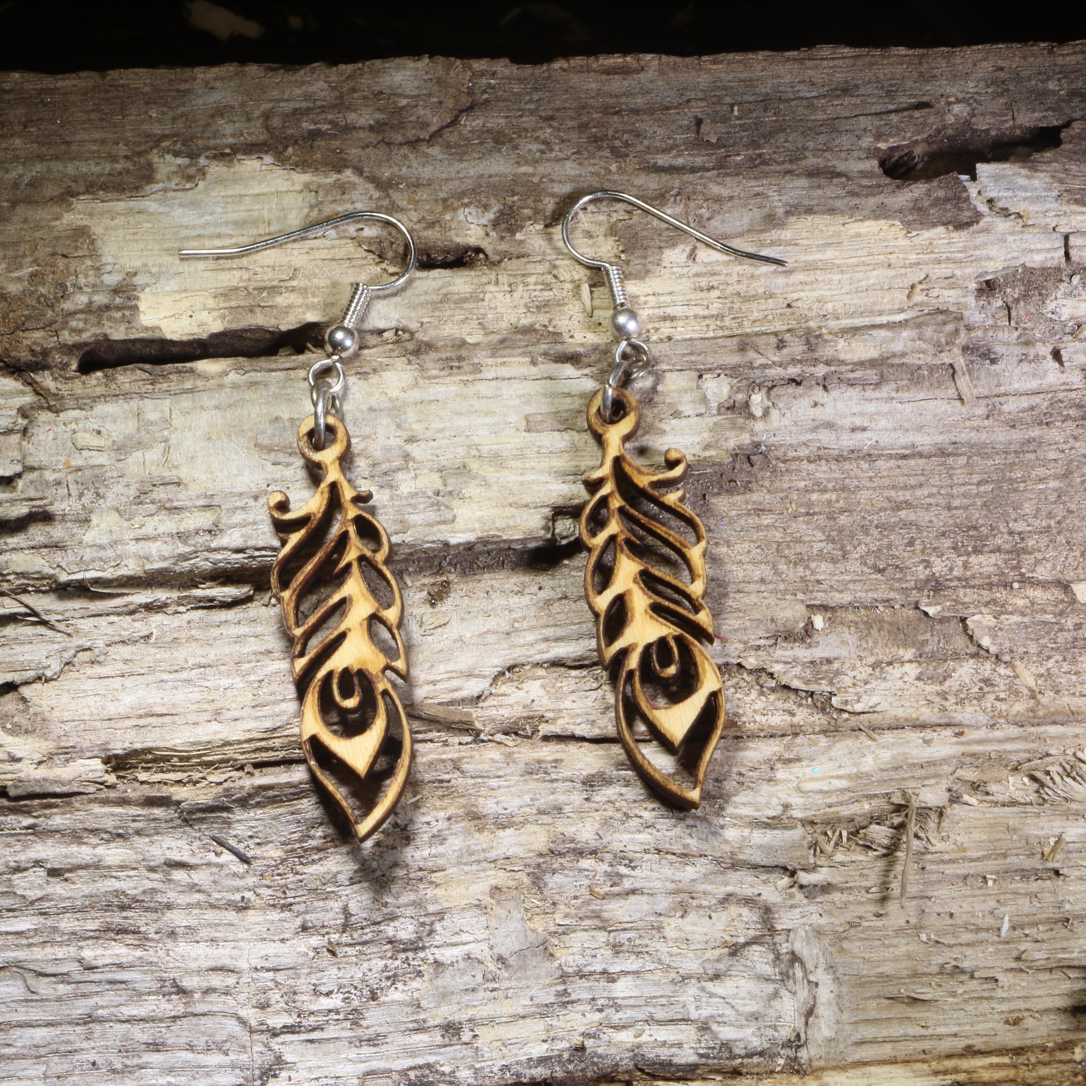 Art Nouveau Feather Wooden Dangle Earrings | Elegant Jewelry by Cate's Concepts, LLC