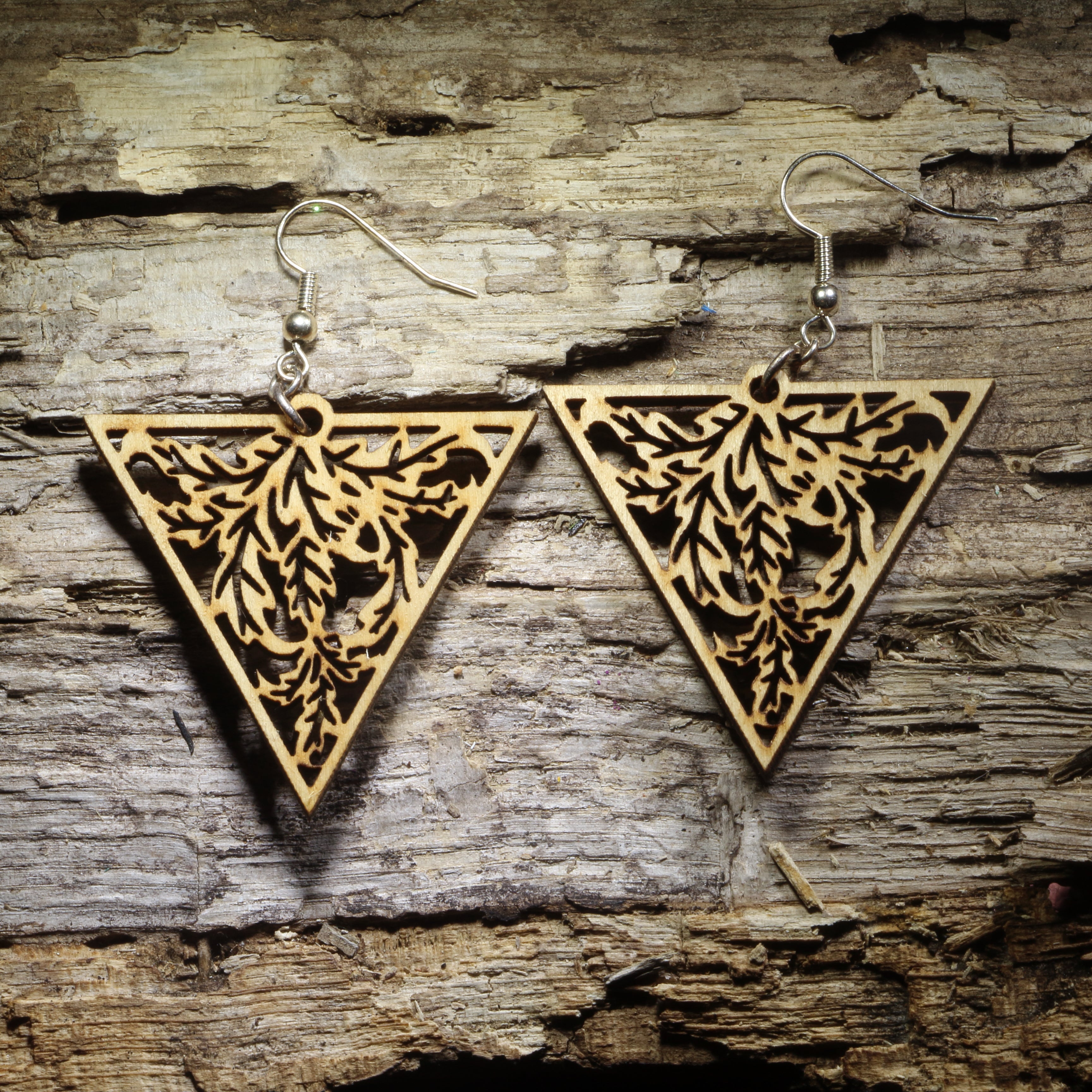 Art Nouveau Triangle Wooden Dangle Earrings | Nature Filigree Jewelry