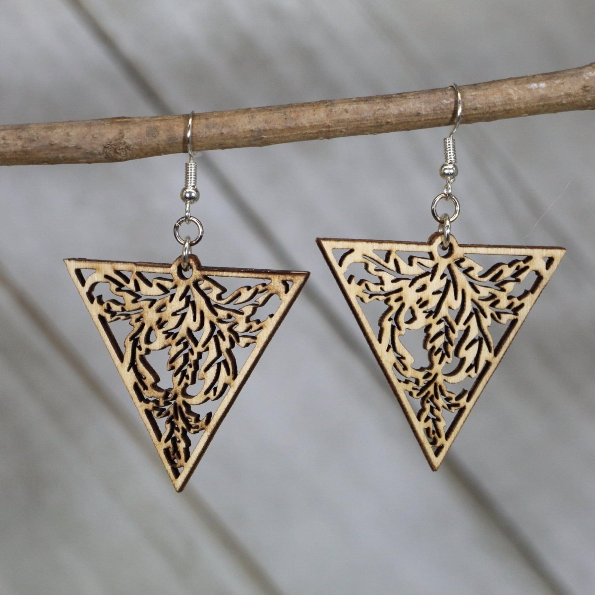 Art Nouveau Triangle Wooden Dangle Earrings | Nature Filigree Jewelry