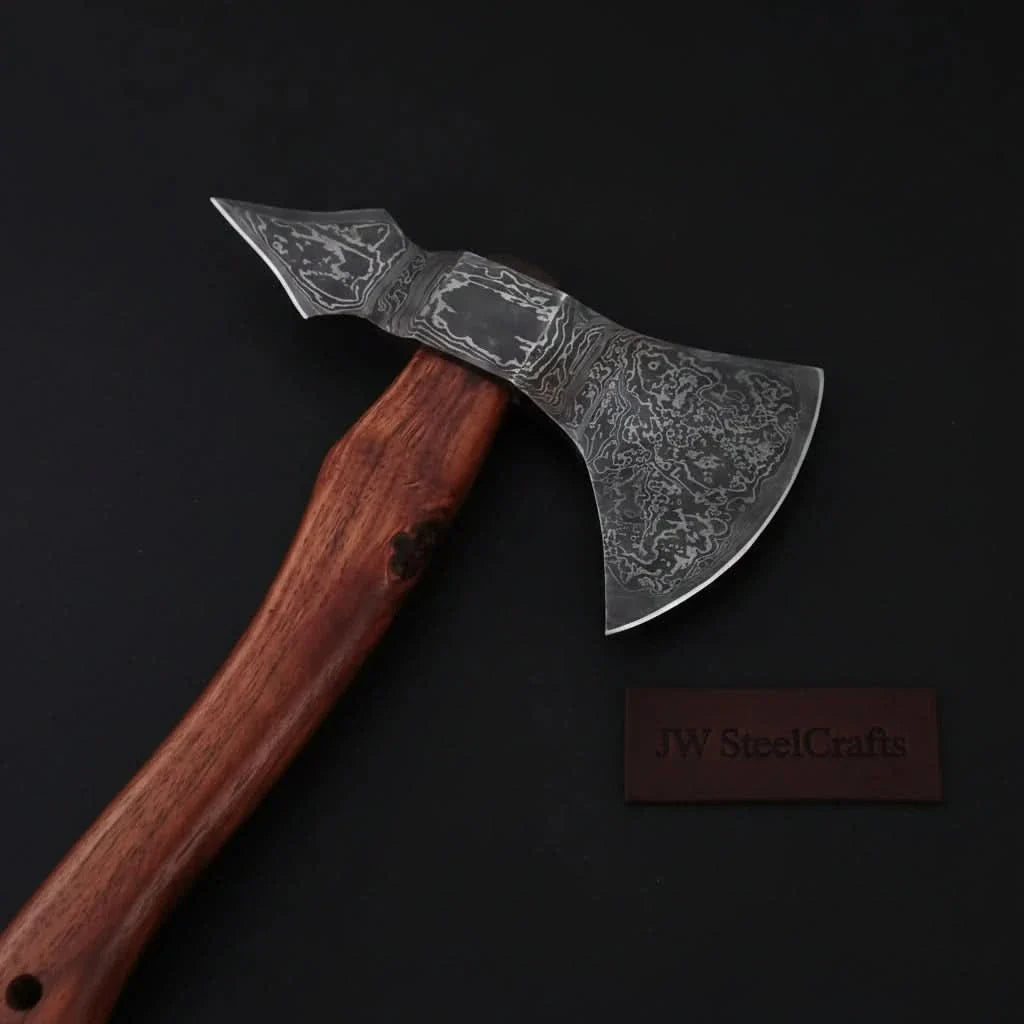 Double-Bit Damascus Axe Head with Rear Spike Variant by JW SteelCrafts, Southern handmade gift main product photo