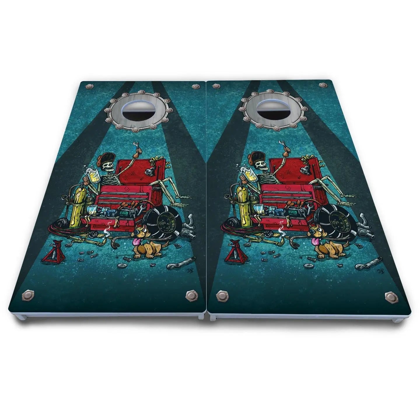 Artist Series Cornhole Boards - All Weather Series - Garage Life by Cornhole Solutions, custom cornhole board detail photo 5