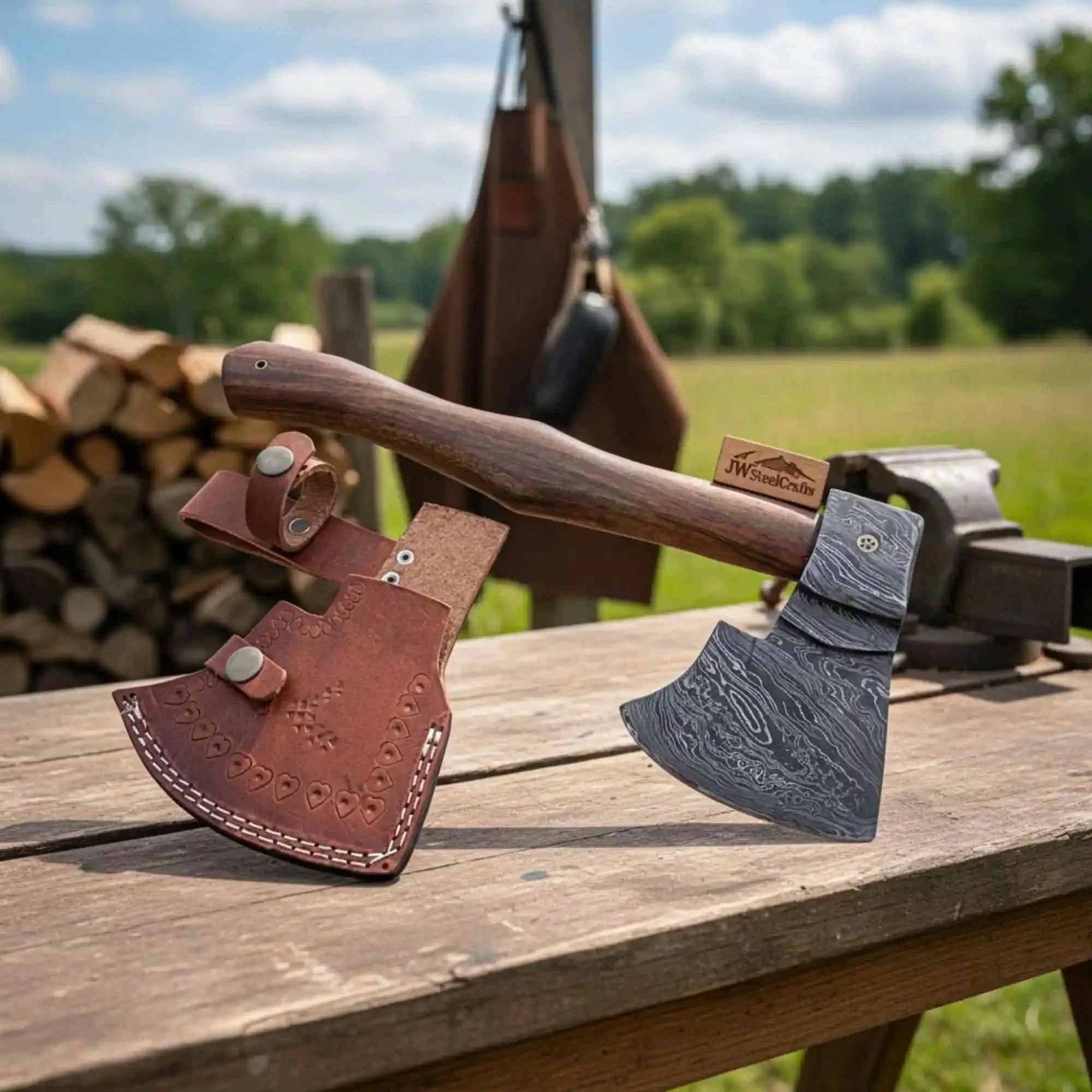 Backcountry Survival Hatchet — Artisan Damascus Edge with Premium Wood Grip by JW SteelCrafts, Southern lifestyle apparel main product photo
