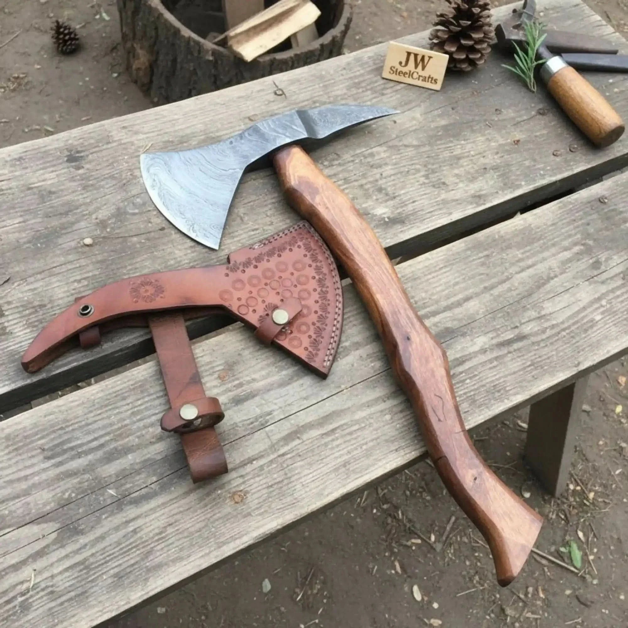 Camping Axe Damascus Steel 20 Inch Rosewood Handle with Leather Sheath by JW SteelCrafts, leather knife sheath main product photo