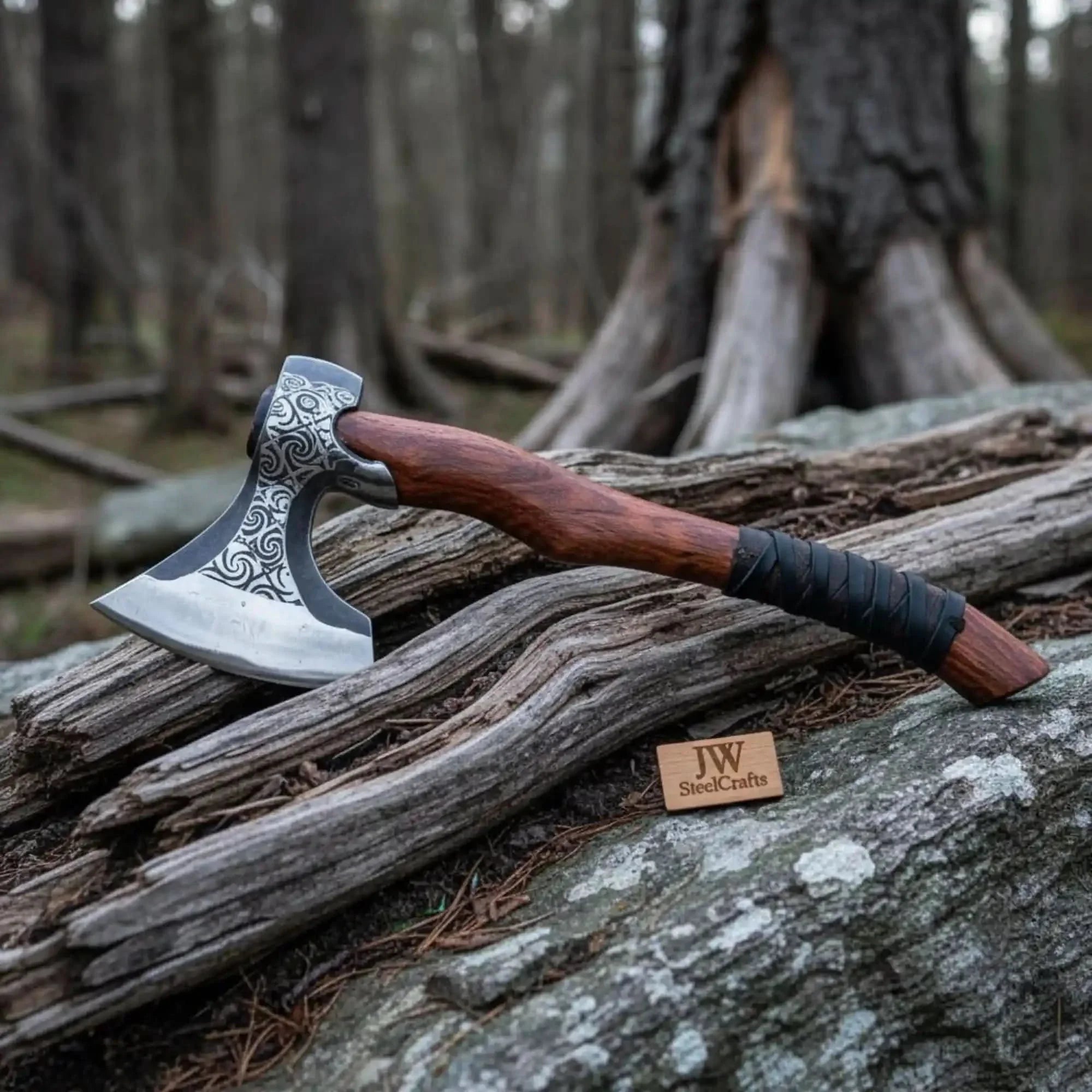 Hand-Engraved Nordic Hatchet, Polished Carbon Steel Head, Curved Hardwood Handle | JW SteelCrafts by JW SteelCrafts, Southern lifestyle apparel main product photo