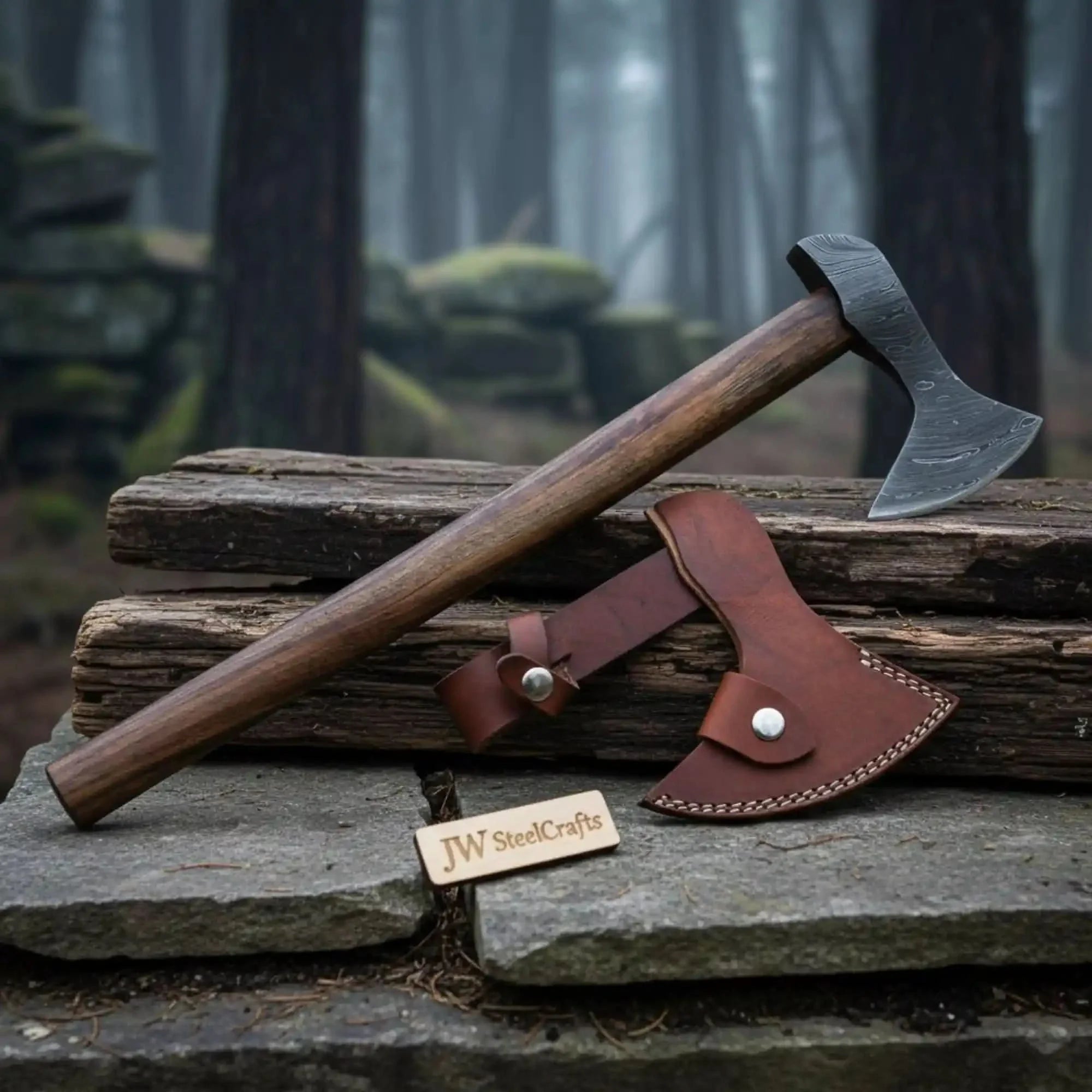 Hand Forged Damascus Steel Viking Axe – True Layered Bearded Axe with Hardwood Handle & Leather Sheath | JW SteelCrafts by JW SteelCrafts, leather knife sheath main product photo