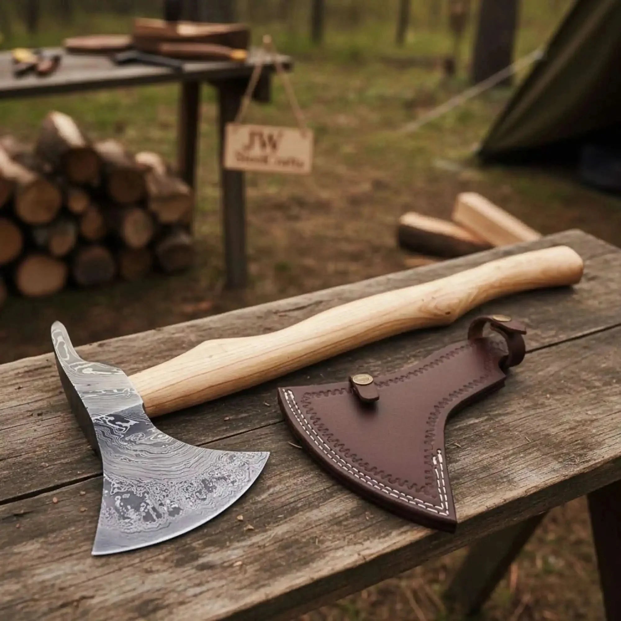 Damascus Camping Axe with 22 Inch Ash Handle – Hand Forged Bushcraft Axe with Leather Sheath | JW SteelCrafts by JW SteelCrafts, leather knife sheath main product photo