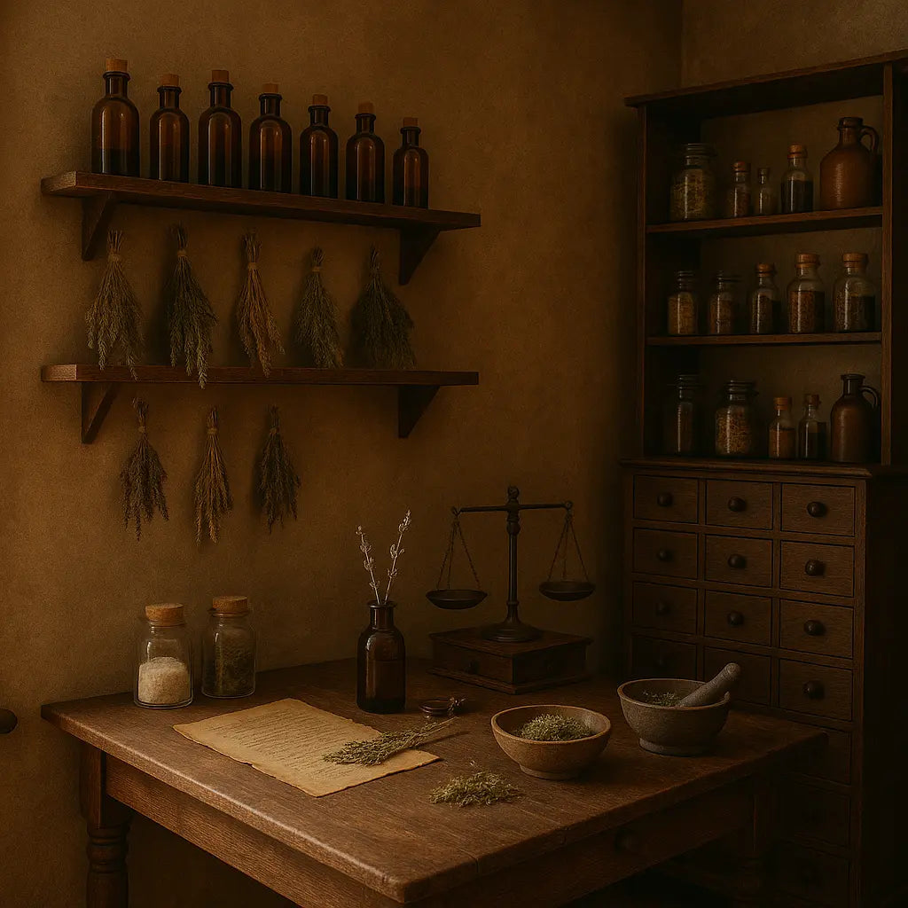 Vintage apothecary scene with glass bottles, dried herbs, balance scale, mortar & pestle on a wooden table against a brown wall.