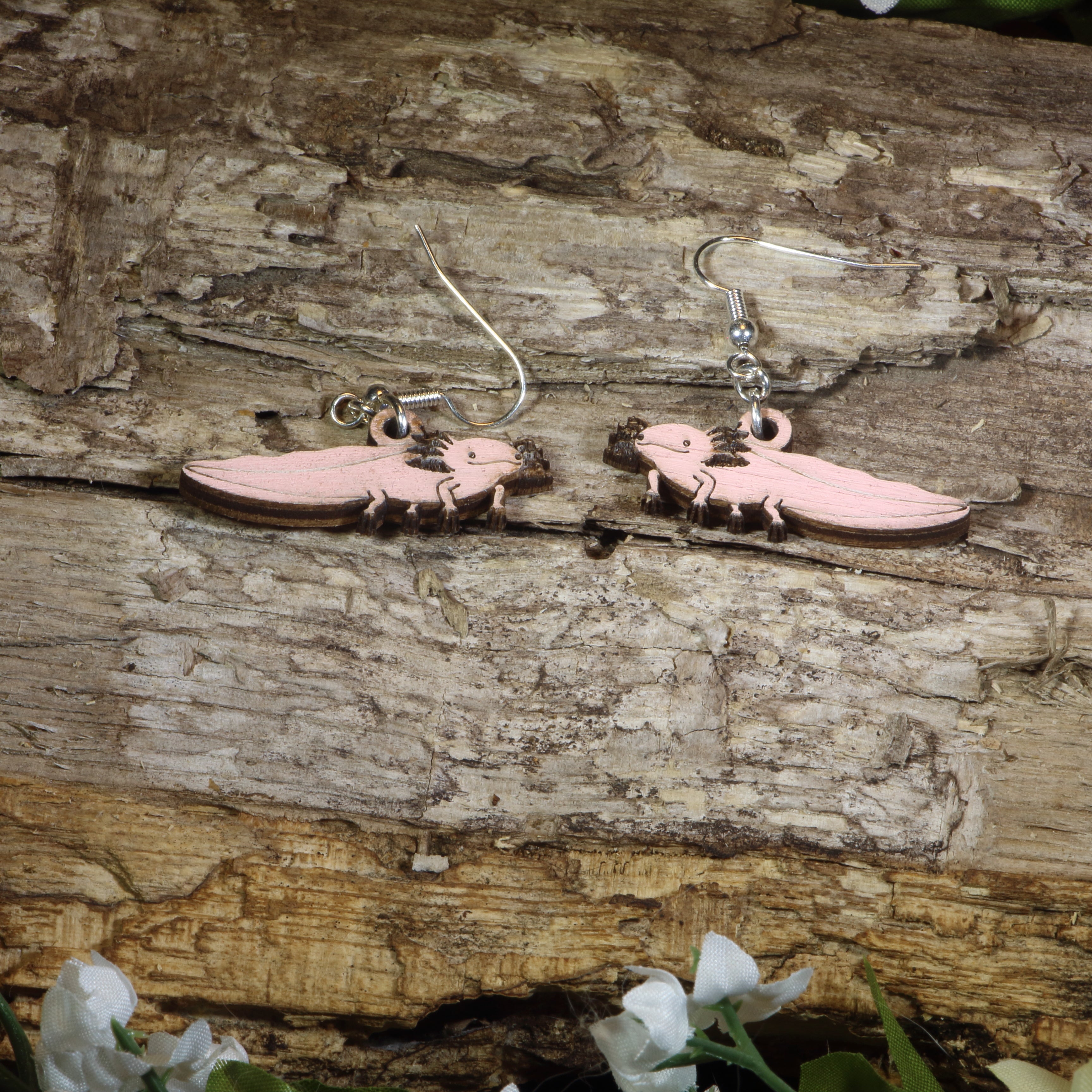Axolotl Wooden Dangle Earrings | Cute Amphibian Animal Jewelry