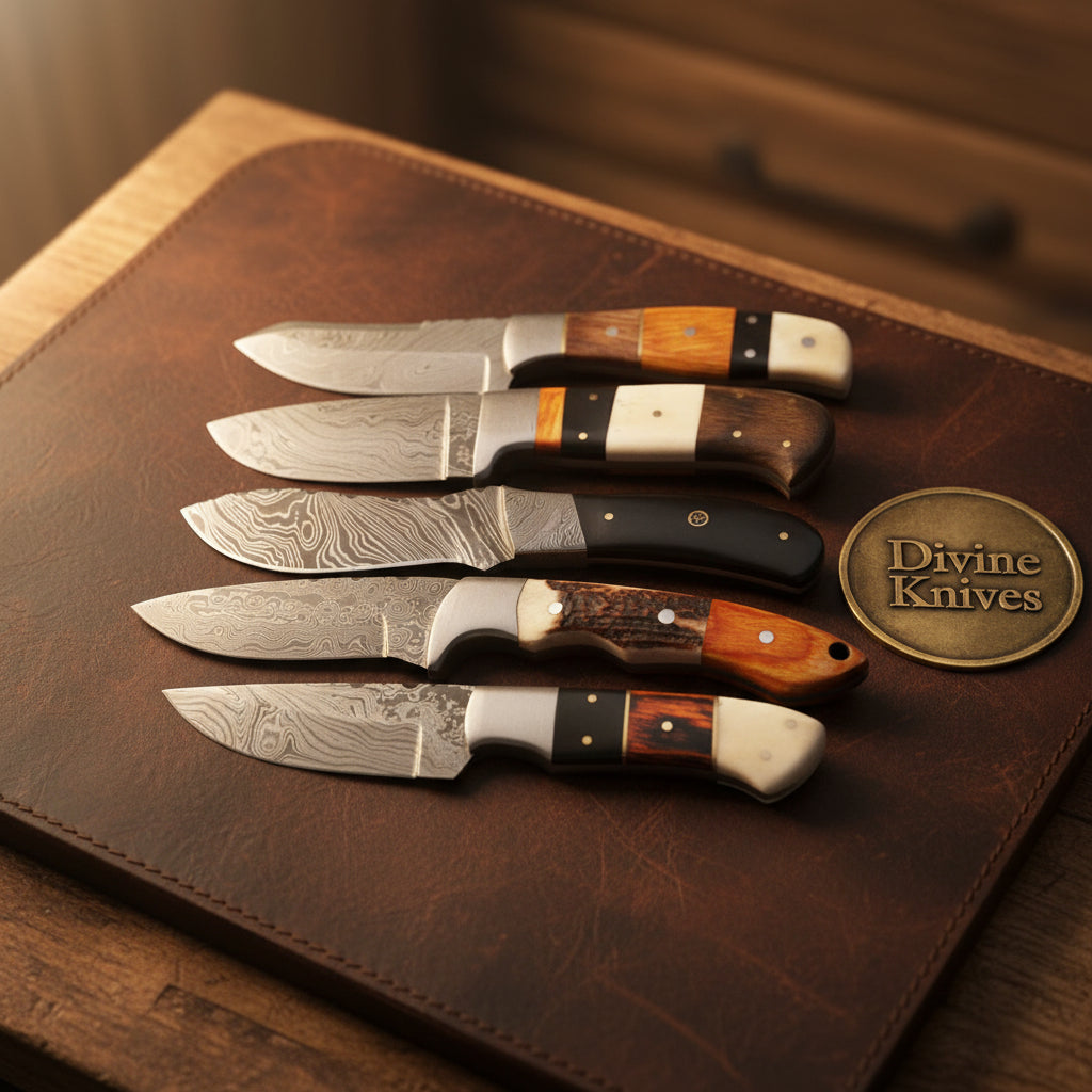 Skinning Knife Set of 5 with Bone, Stag and Exotic Wood Handle Scales