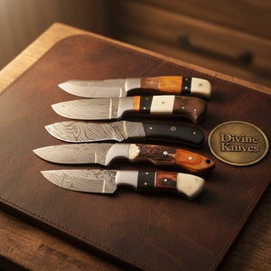 Skinning Knife Set of 5 with Bone, Stag and Exotic Wood Handle Scales