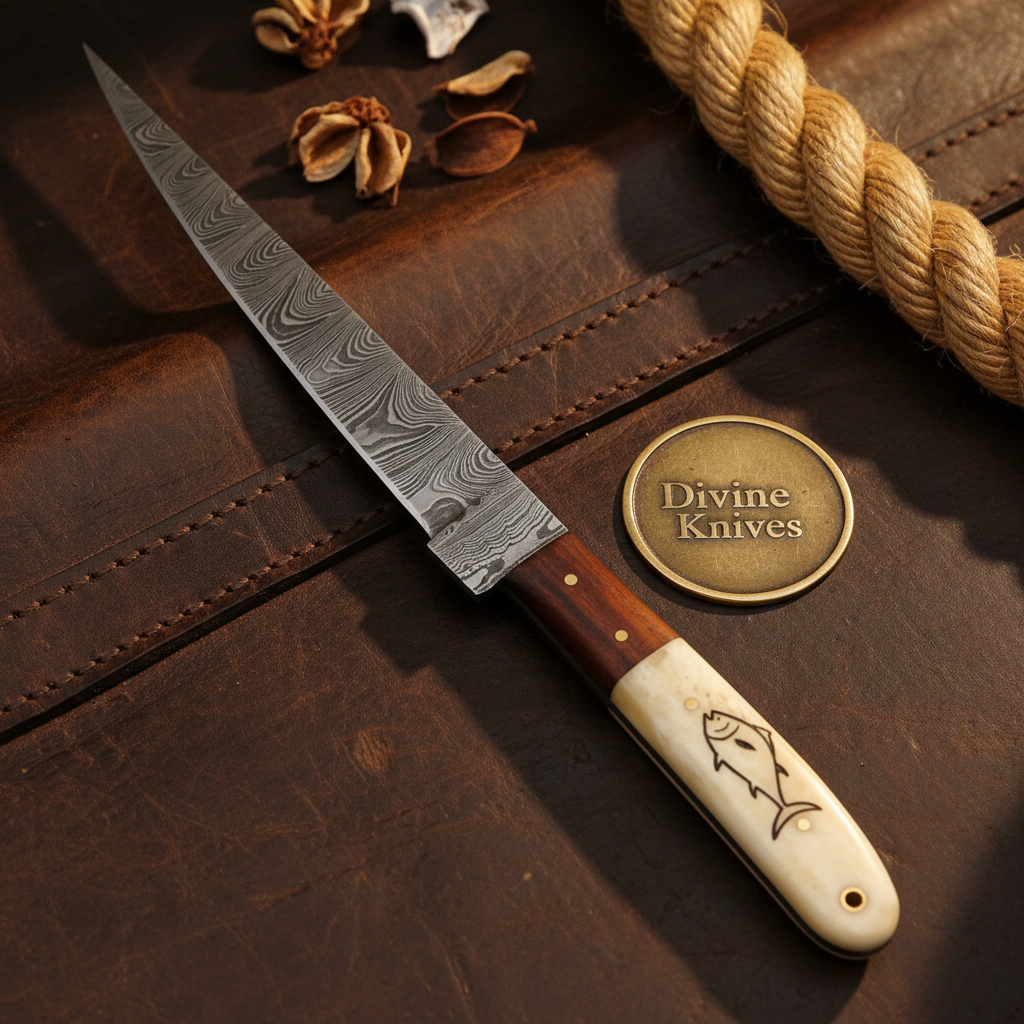 Camel Bone Fillet Knife with Flexible Forged Blade and Engraved Fish Motif Handle by Divine Knives — product view 1