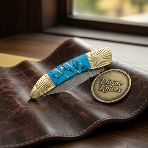 Engraved Brass Bolster Damascus Folder with Turquoise Scales and Sharpening Rod
