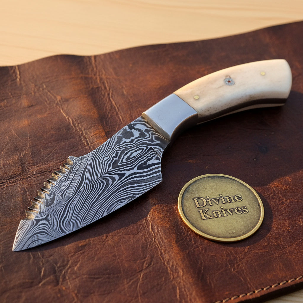 Serrated Spine Skinner Knife with Natural Bone Handle