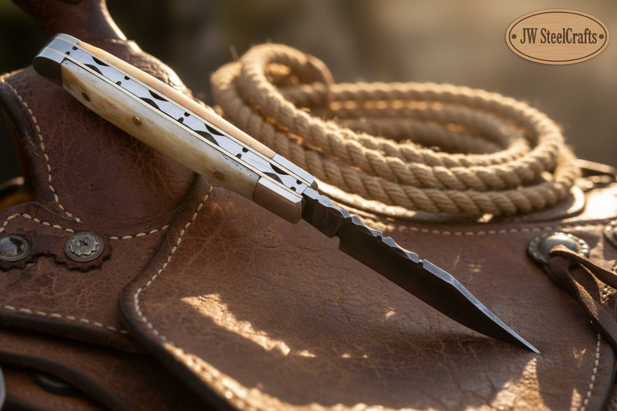 Handmade Damascus Steel Folding Pocket Trapper Knife 4"with Bone Handle detail view by JW SteelCrafts