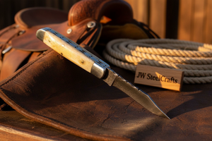 Handmade Damascus Steel Folding Pocket Trapper Knife 4"with Bone Handle detail view by JW SteelCrafts