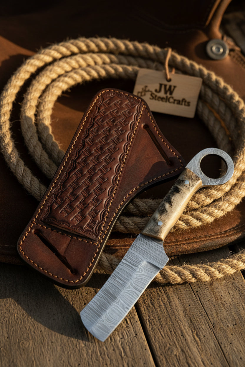 Finger Loop Prairie Bull Cutter 6.5" Handmade Damascus Steel Leather Crossdraw