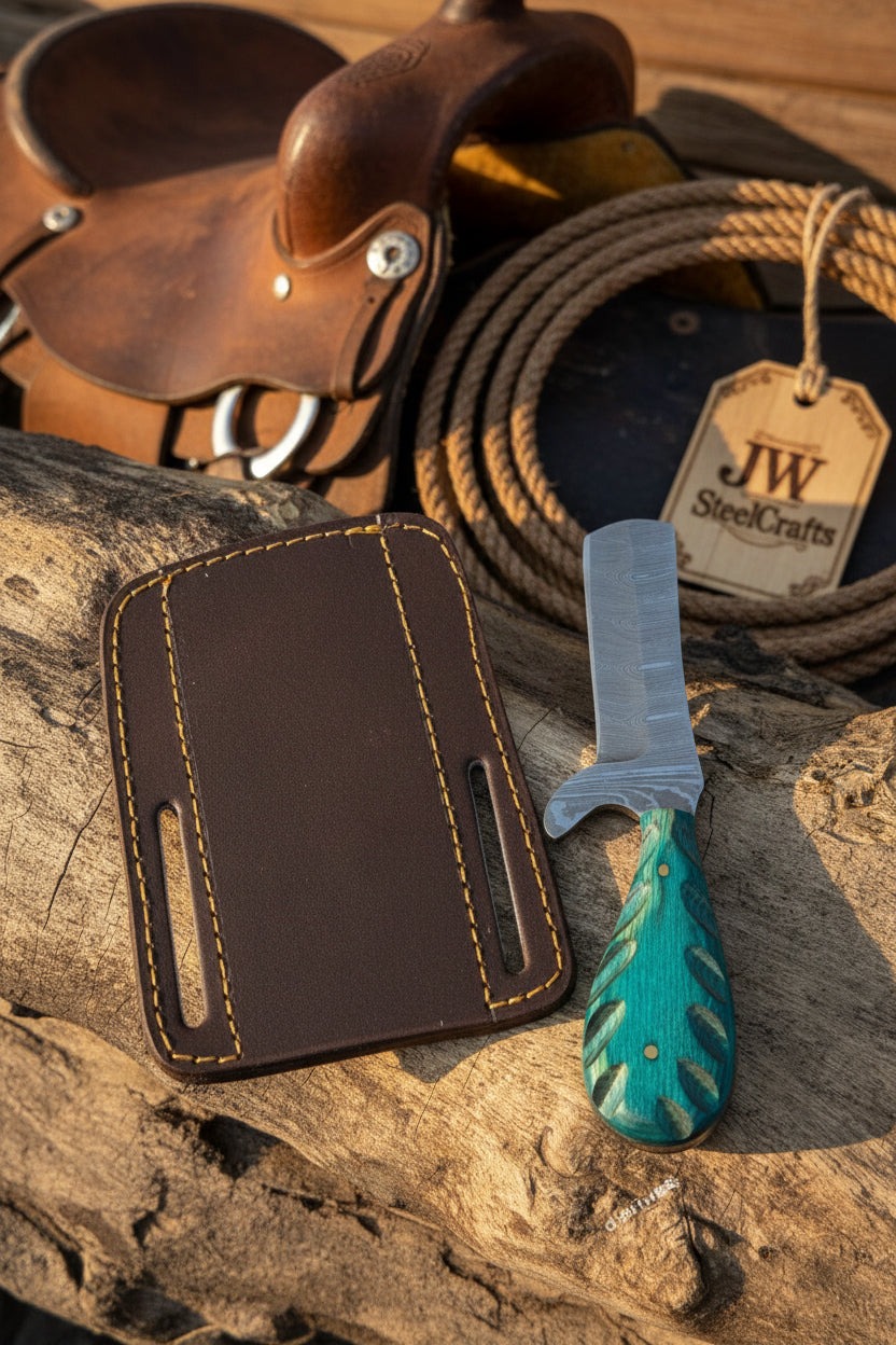 Emerald Pine Damascus Bull Cutter Knife by JW SteelCrafts