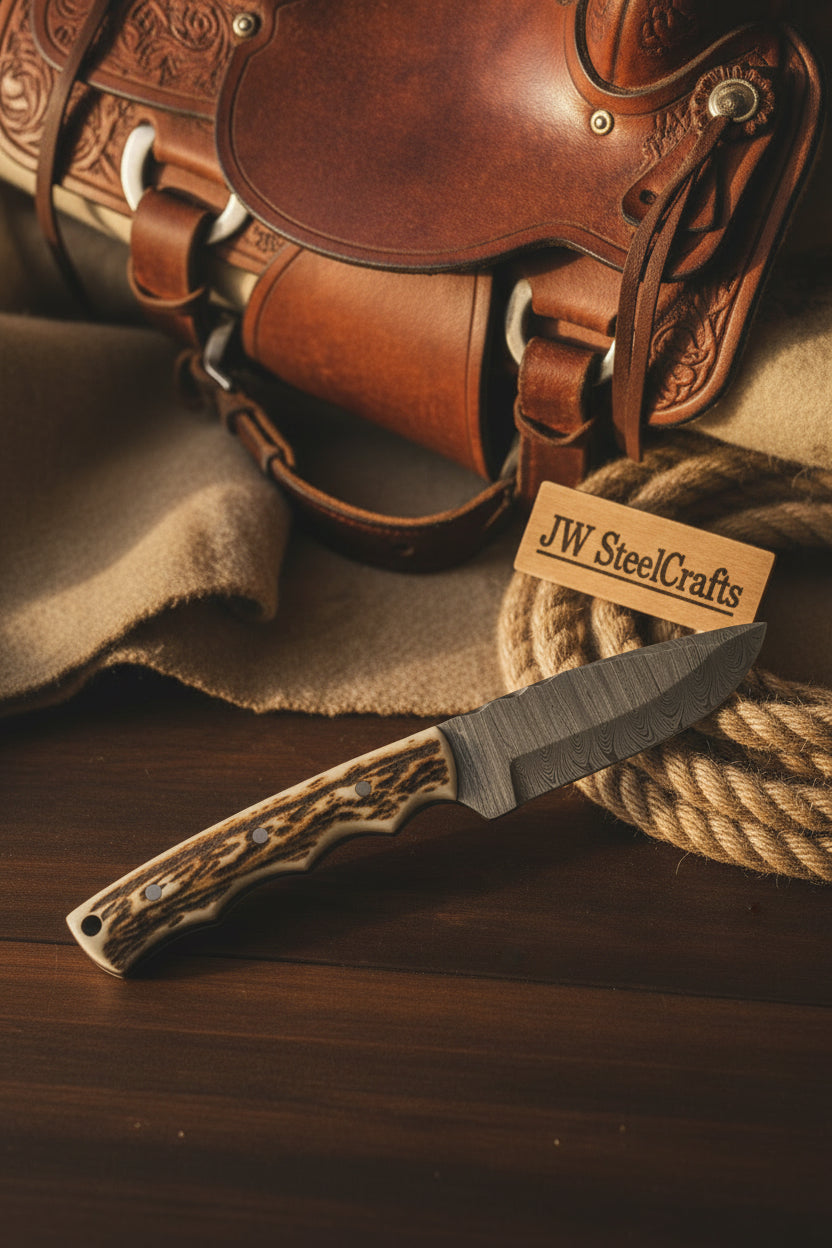 Rustic Hollow Hunter Knife Damascus Stag Horn Handle by JW SteelCrafts — view 2 of 2