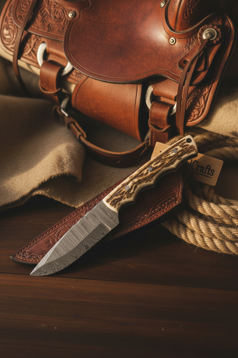 Rustic Hollow Hunter Knife Damascus Stag Horn Handle by JW SteelCrafts — view 1 of 2