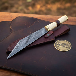 Barrel Grip Damascus Broken-Back Seax Knife with Bone and Wood Handle by Divine Knives — view 3 of 4