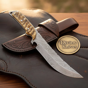 Staghorn Damascus Upswept Bushcraft Knife with Curved Blade