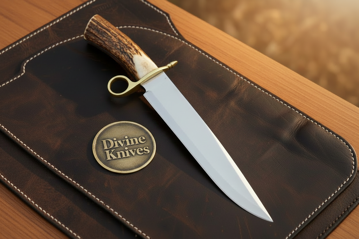 Ring Guard Stag Bowie Knife with Crown Antler Handle and Hand Laced Leather Sheath