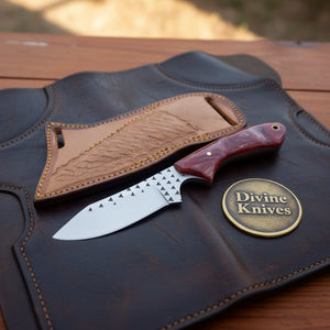 Maroon Finger Groove Rasp Skinner Knife with leather sheath