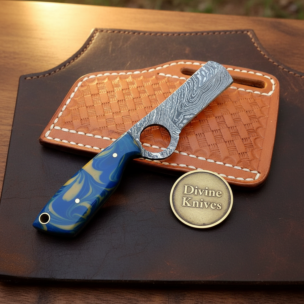 Blue Marbled Bull Cutter & Skinner Set blade and handle detail