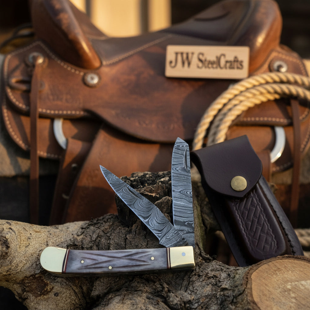 Damascus Steel Trapper Knife 4" with Bone Handle, Folding Pocket Knife by JW SteelCrafts