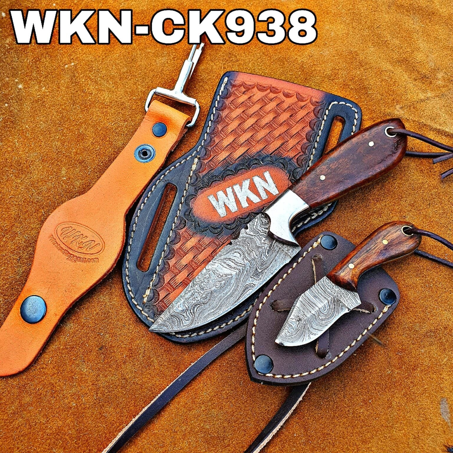 Damascus Skinner & Mini Neck Knife Set with Genuine Wood Grain Blades