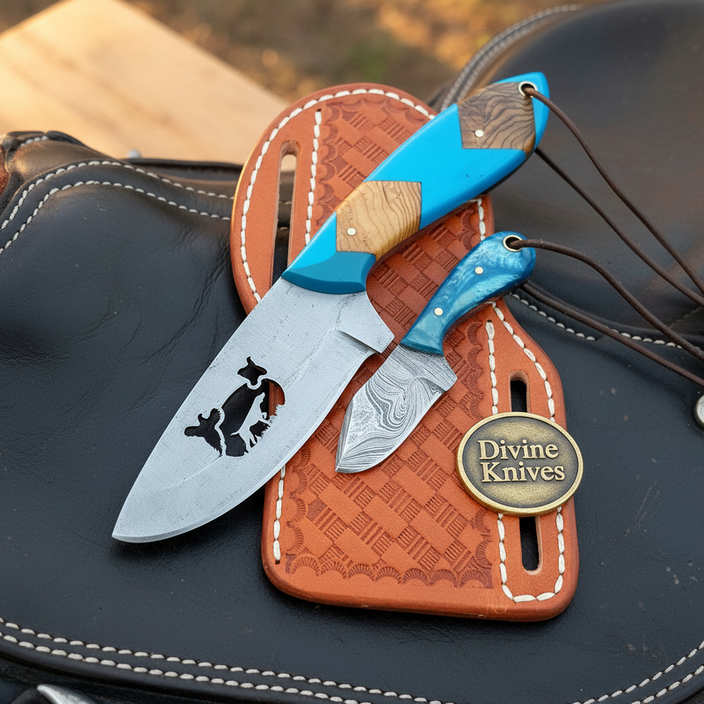 Cattle Engraved Drop Point Knife with Blue product detail, view 2