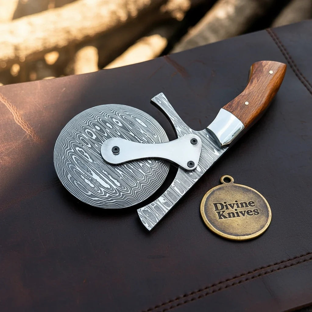 Twist Pattern Handmade Pizza Cutter with Rosewood Handle by Divine Knives — product view 1