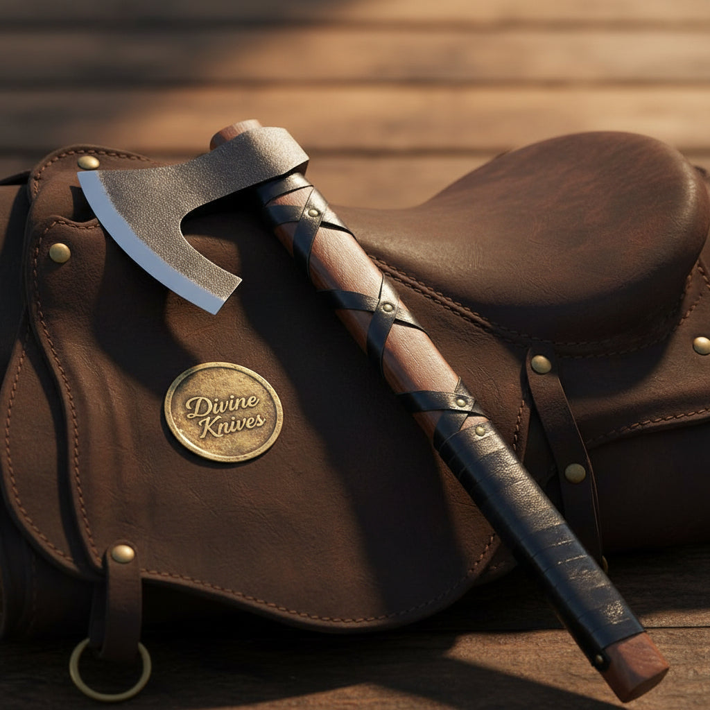 Cross Wrap Carbon Steel Bearded Hatchet with Leather-Wrapped Handle