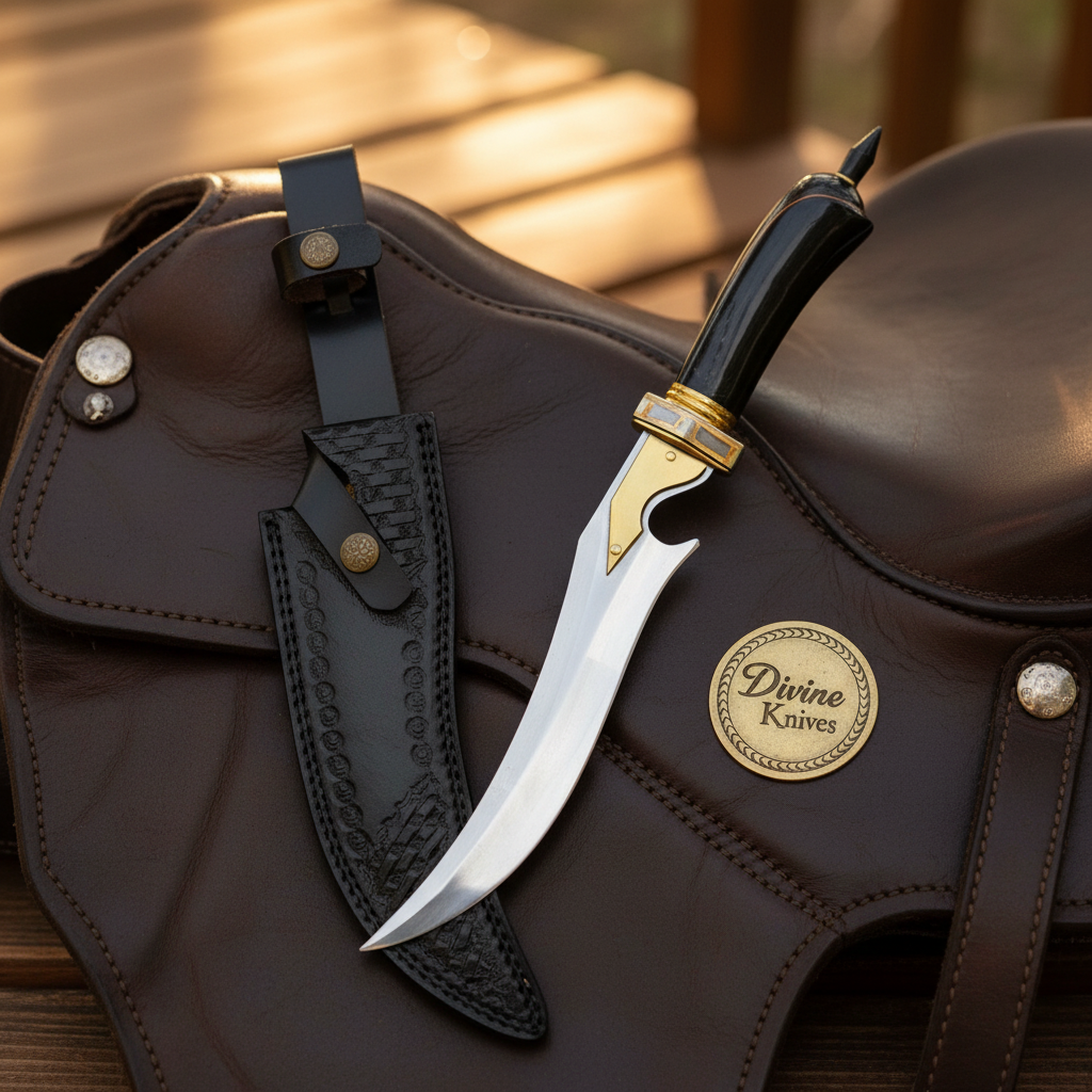 Buffalo Horn Persian Dagger with Mirror Polished Curved Blade and Tooled Black Sheath by Divine Knives — product view 1