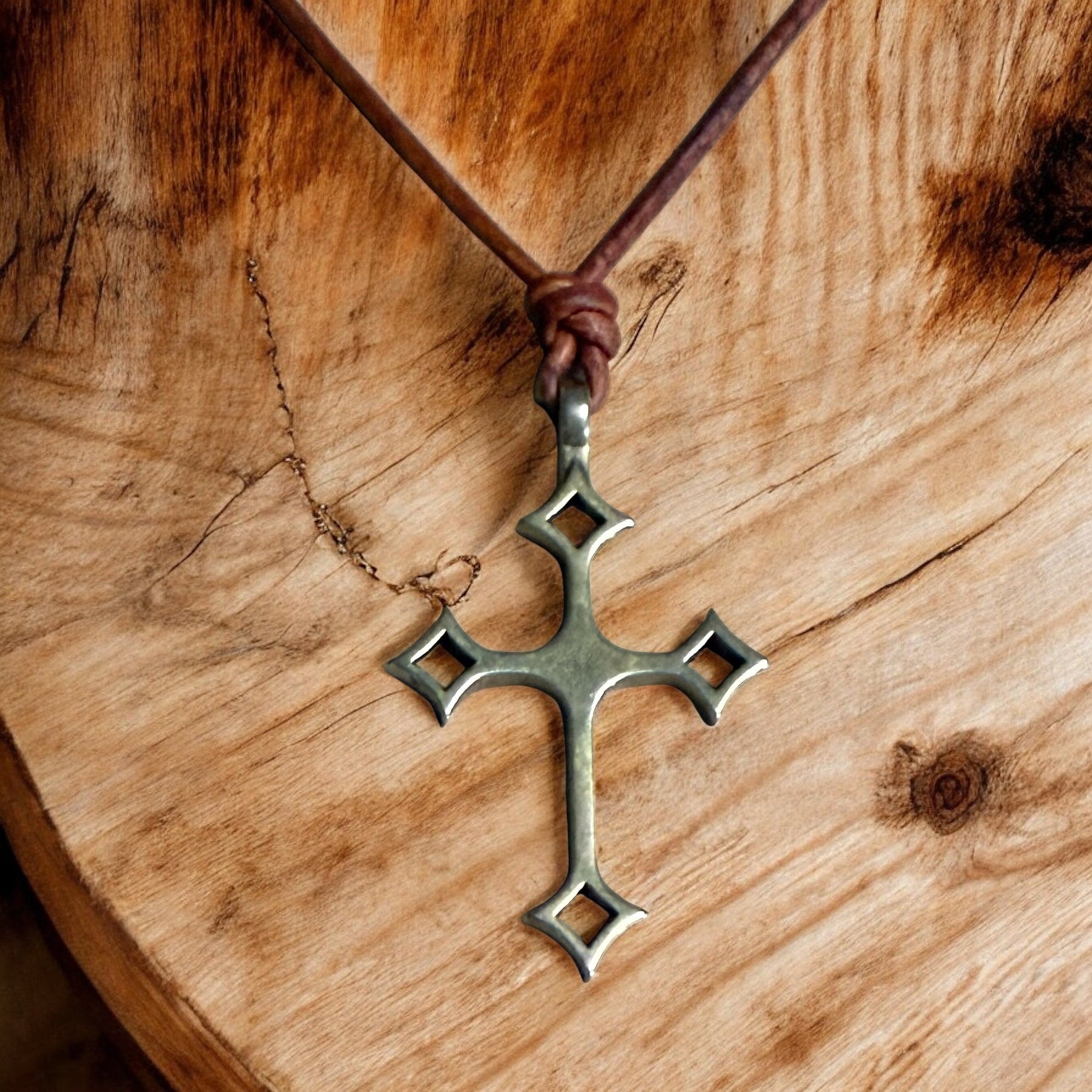 Gothic Medieval Cross Necklace - Bronze on Leather Cord by Forged By Fire — view 3 of 3