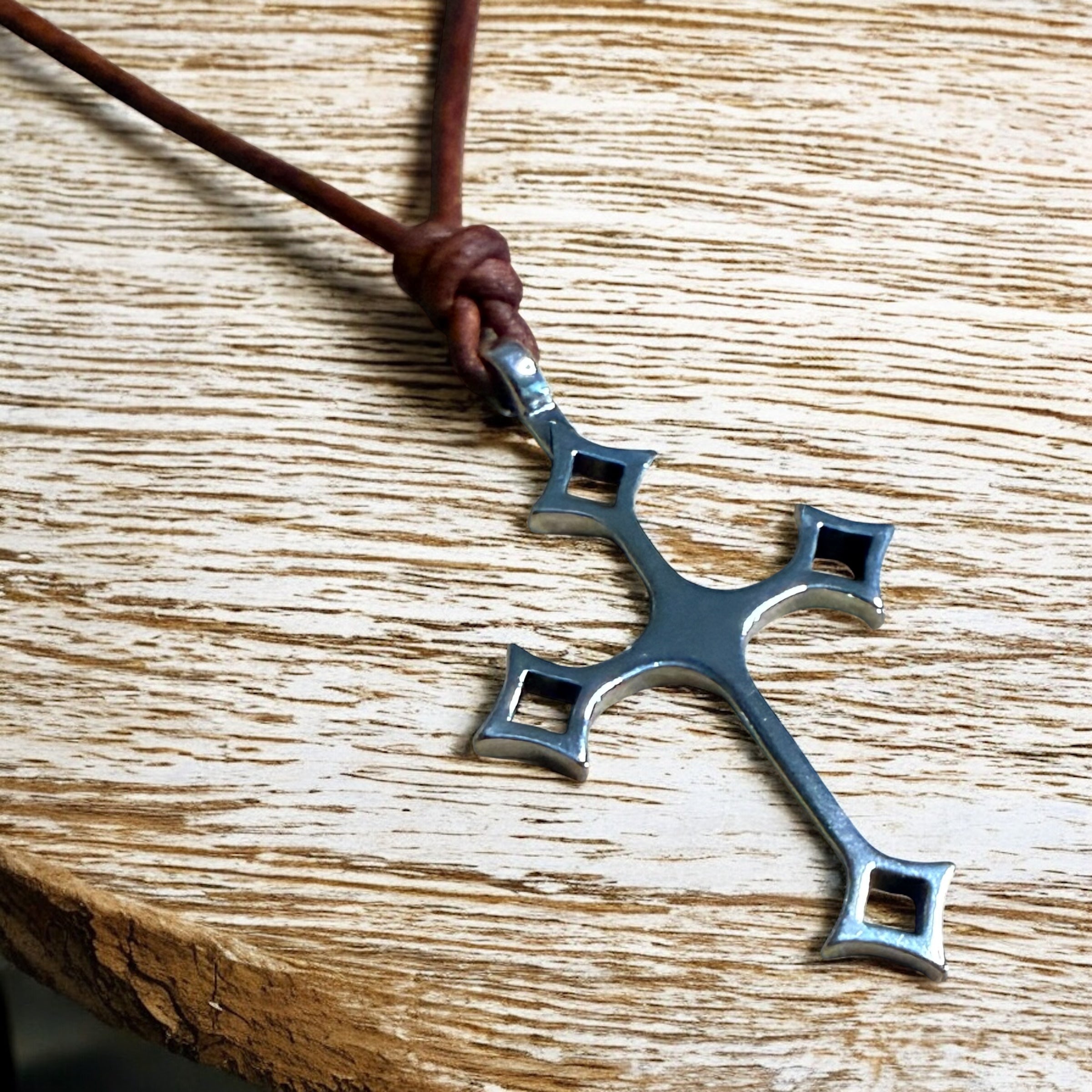 Gothic Medieval Cross Necklace - Sterling Silver on Leather Cord by Forged By Fire — view 2 of 4