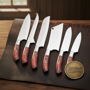 6-Piece Crimson Handle Japanese Chef Knife Set with Layered Handles