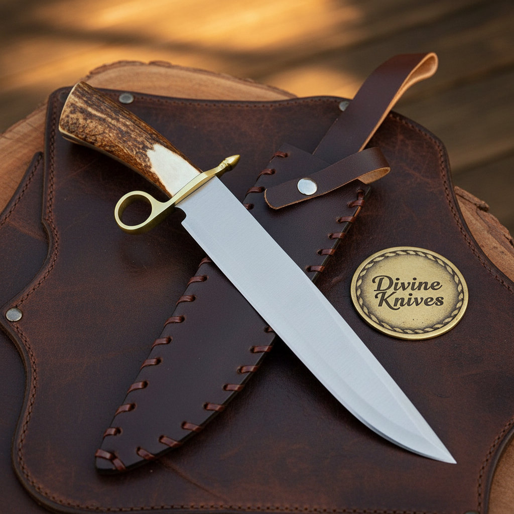 Ring Guard Stag Bowie Knife with Crown Antler Handle and Hand Laced Leather Sheath by Divine Knives — product view 2