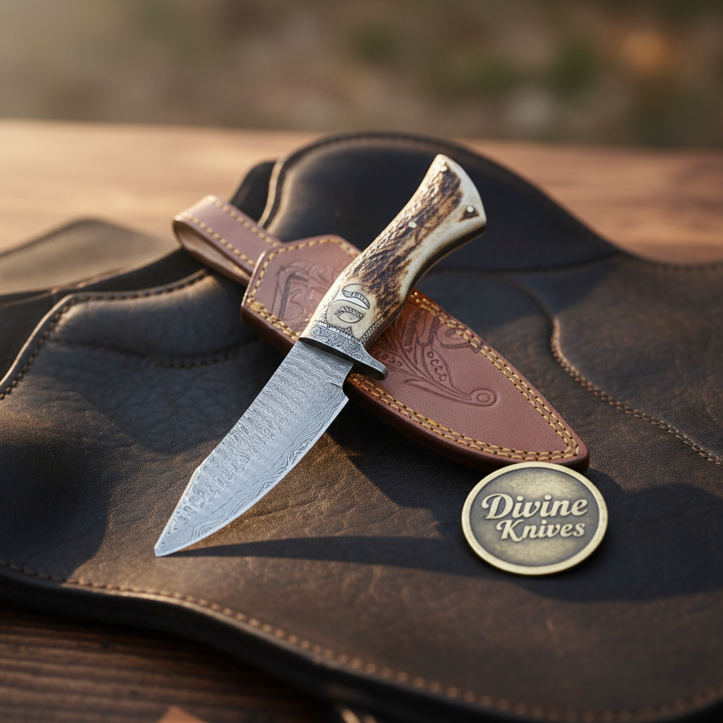 Antler Handle Bushcraft Knife with Engraved Bolster and Hand Tooled Leather Sheath by Divine Knives — product view 1
