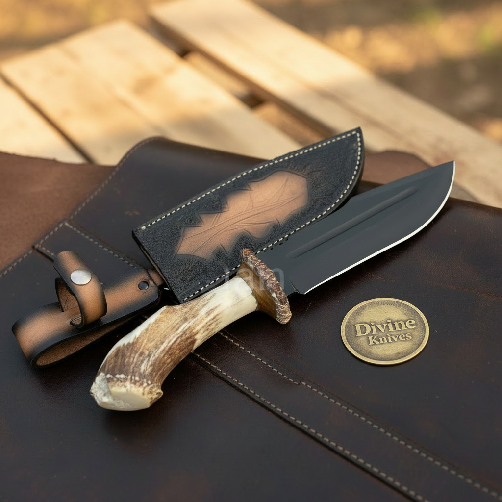 Black Coated Stag Handle Bowie Knife with Twin Fullered Blade for Outdoor Use