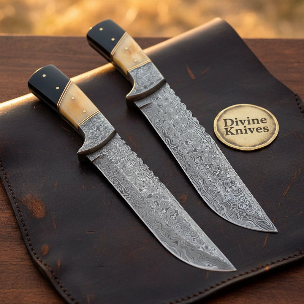 Two Piece Skinning Knife Set with Stacked Horn Handles and Forged Layered Bolsters